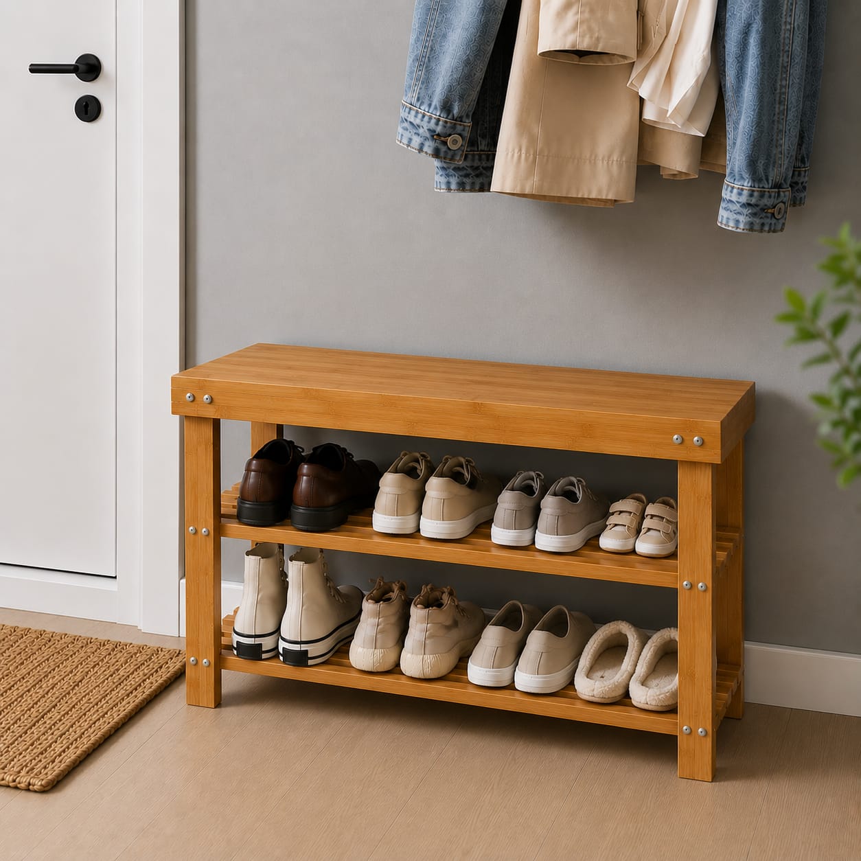Bamboo Shoe Rack Two-Tier with Bench