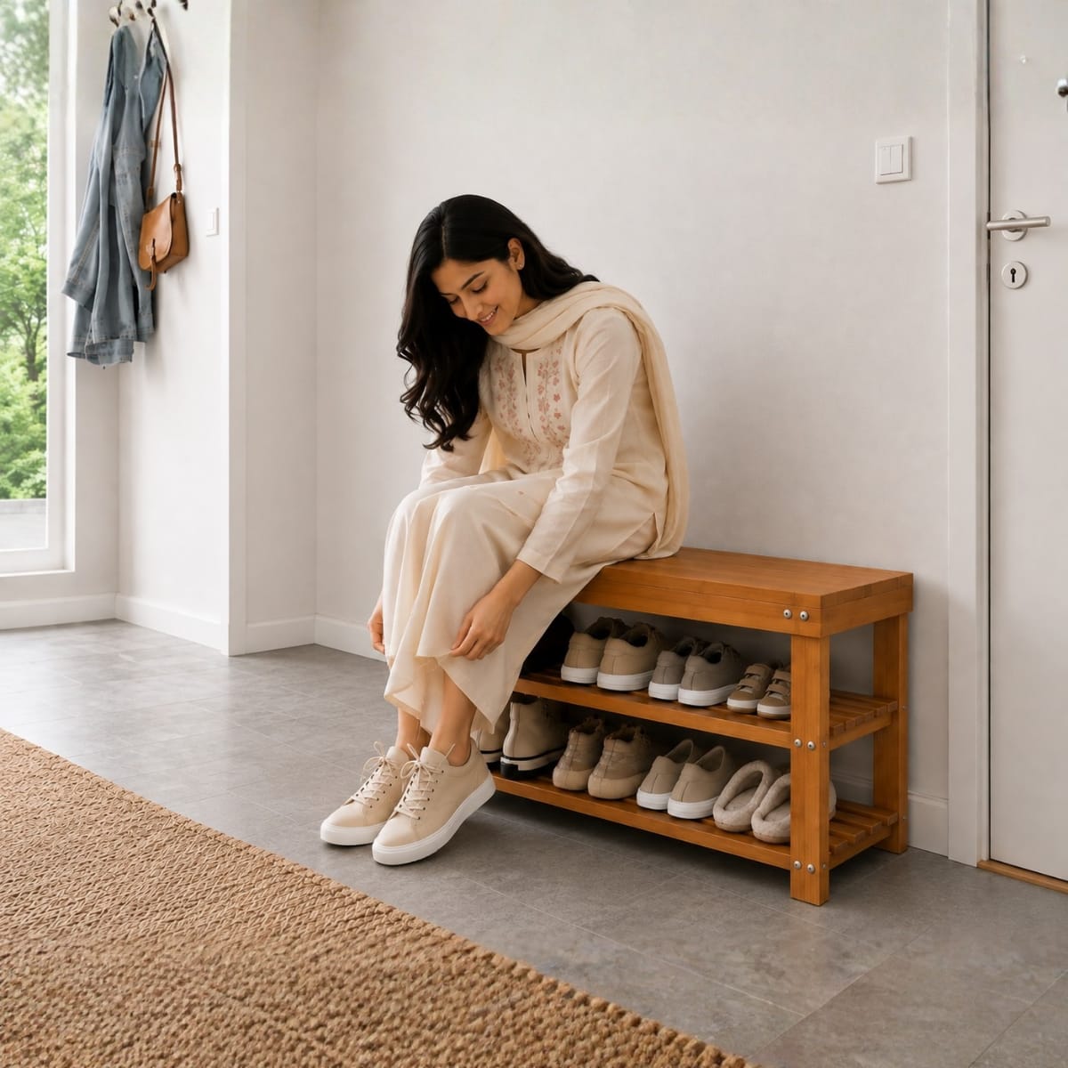 Bamboo Shoe Rack Two-Tier with Bench