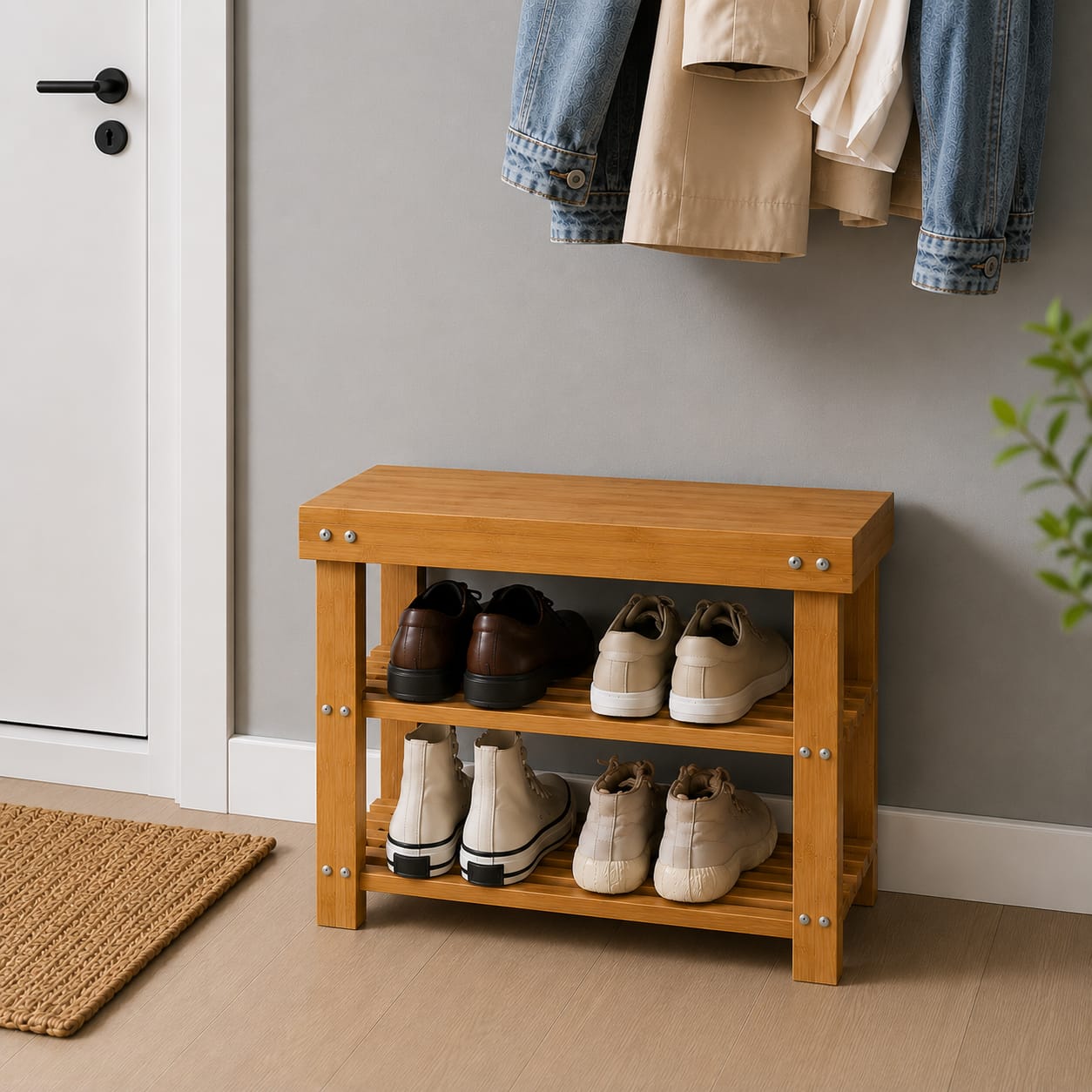 Bamboo Shoe Rack Two-Tier with Bench