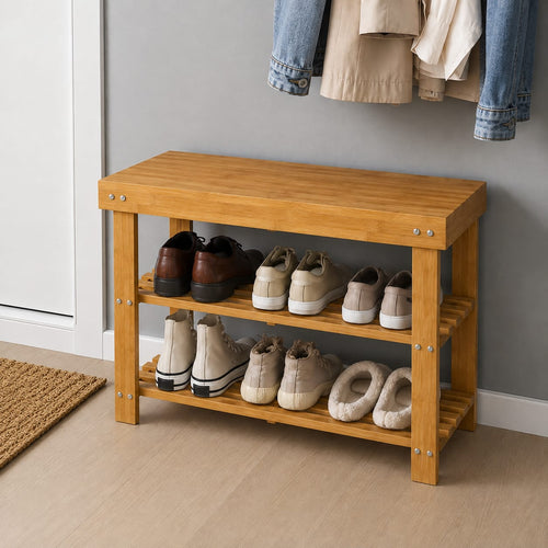 Bamboo Shoe Rack Two-Tier with Bench